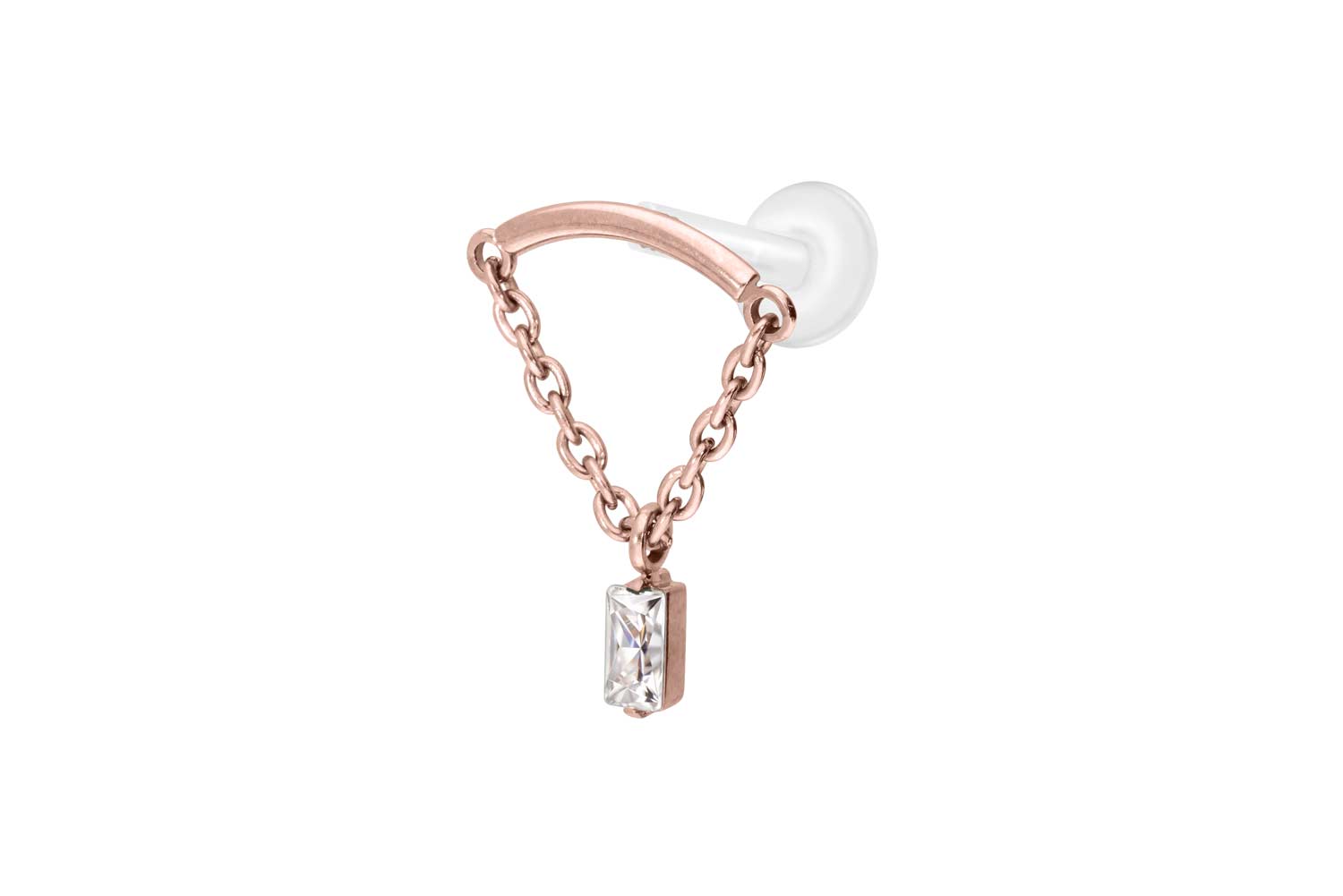 PTFE Labret Piercing mit Innengewinde + Titan-Aufsatz BOGEN + KETTE + KRISTALLRECHTECK